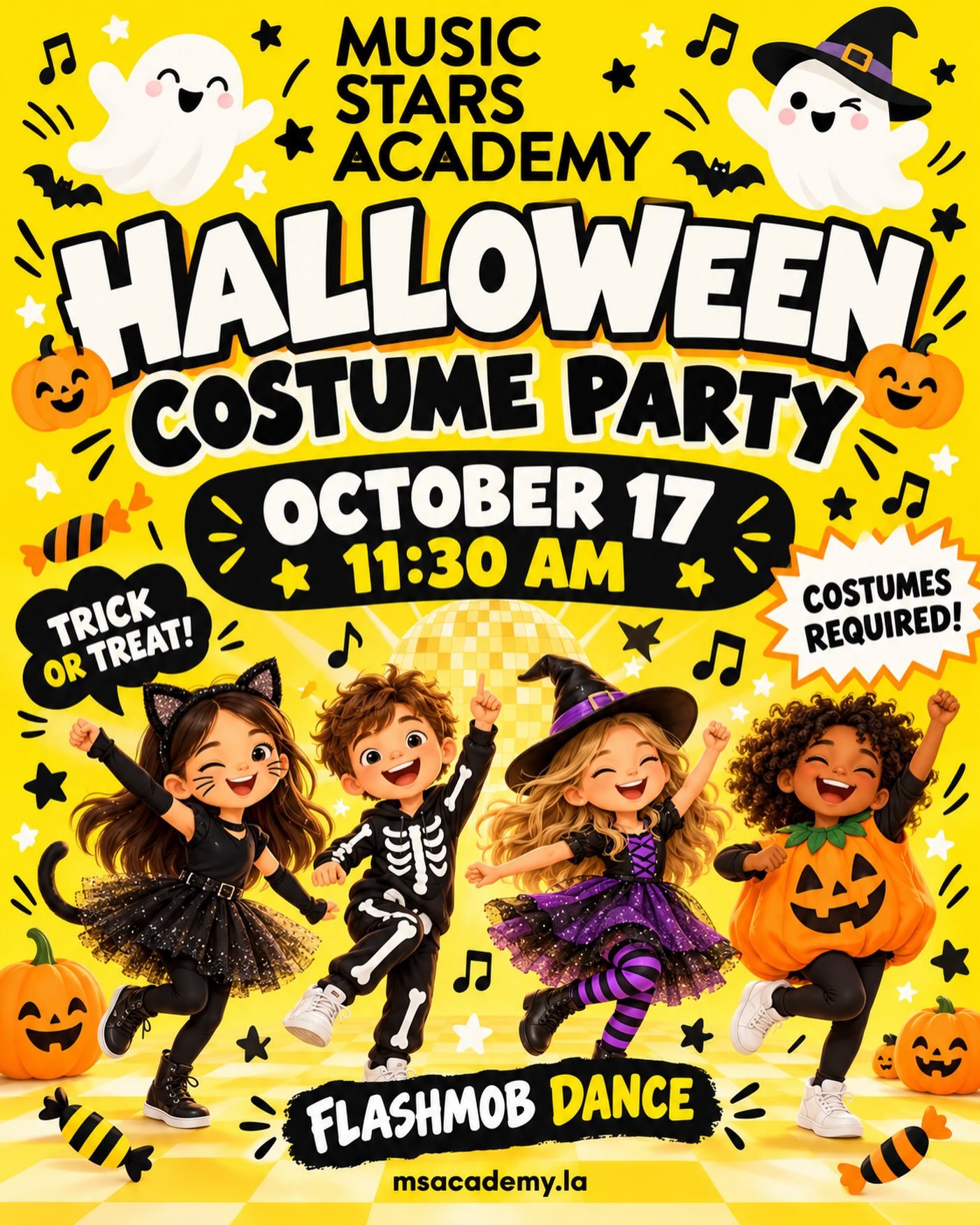 🎃 Halloween fun at Music Stars Academy!
Join us October 17, 11:30 AM - 12 PM for trick-or-treat, games, and a flashmob dance! 👻🍬💃
Costumes required! Choose something comfortable to dance in.